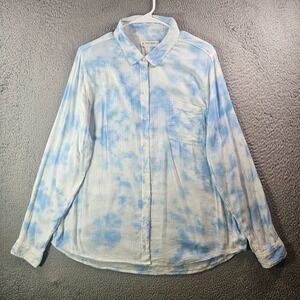 Lucky Brand Shirt Top Women XL Button Up Abstract Sky Cloud White Blue